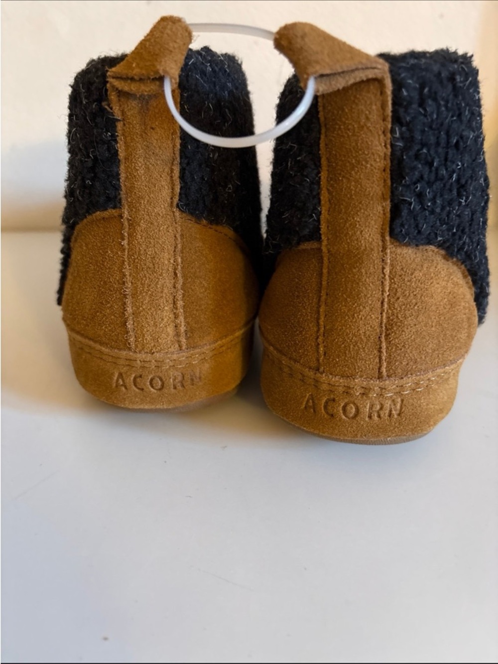 Acorn Tan Suede & Black Knit Back Slippers